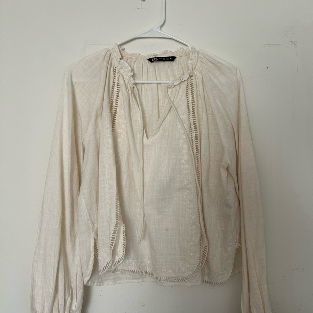 Zara Cream Long Sleeve Ruched Blouse